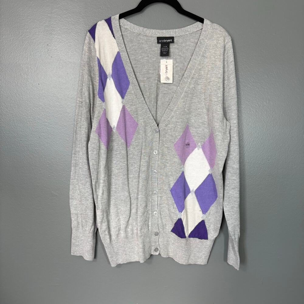Lane Bryant NWT Y2K Gray Argyle Cardigan Sweater - 14/16 - Women's Plus Size